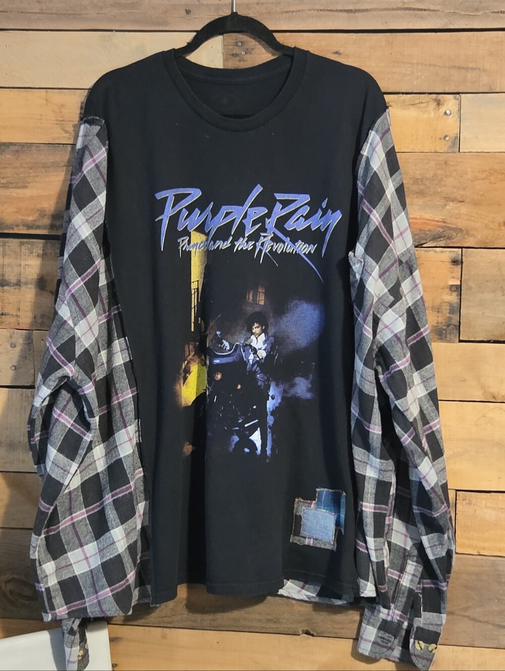 Purple Rain Graphic Long-Sleeve Shirt with Plaid Sleeves